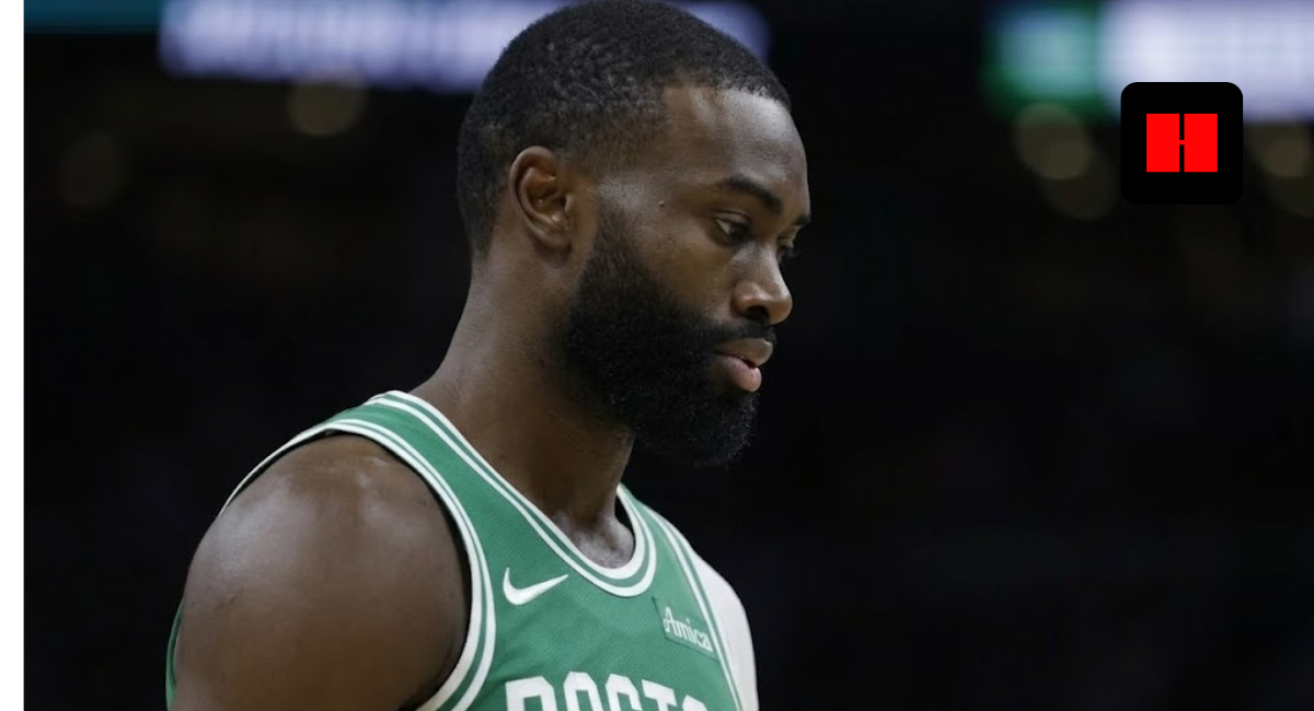 Professional side-profile shot of Jaylen Brown wearing the green Boston Celtics home jersey during an NBA game.