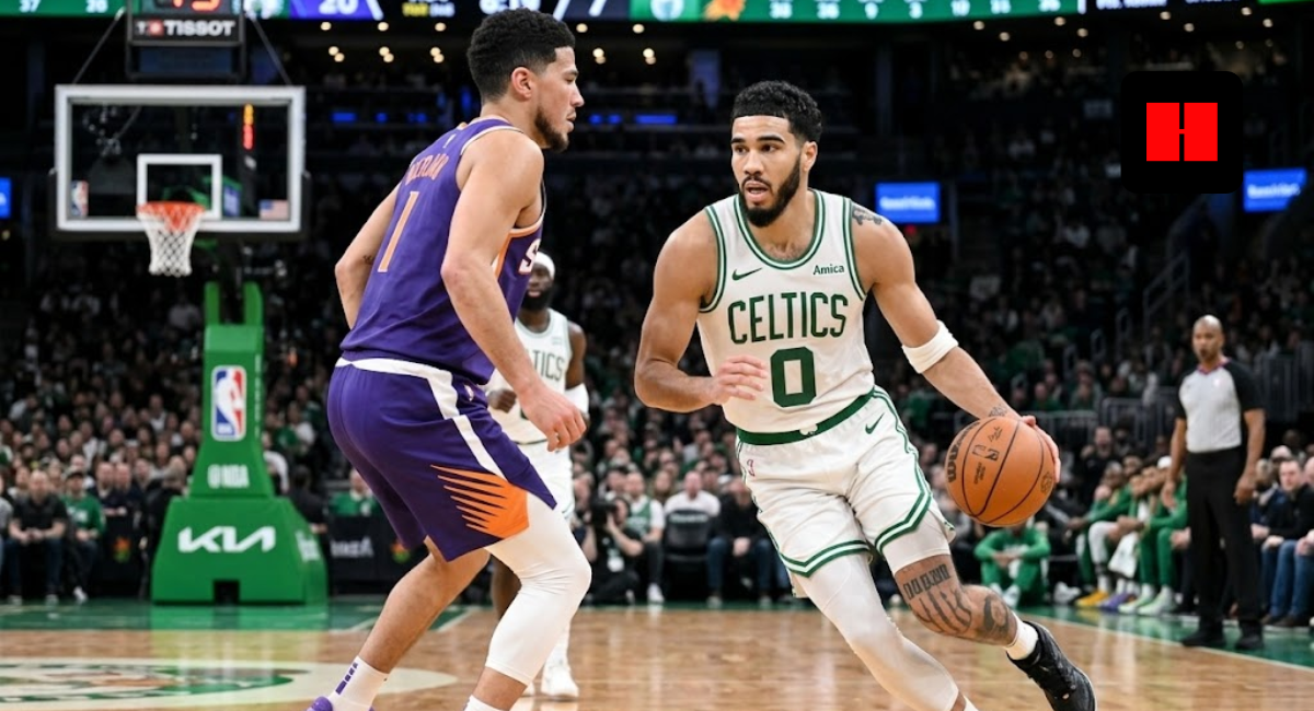 Jayson Tatum in a white Boston Celtics jersey dribbling a basketball while being guarded by Devin Booker in a purple Phoenix Suns jersey during an NBA game.