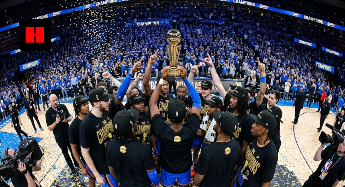 Wide-angle fisheye shot of the Oklahoma City Thunder players celebrating on a podium, holding the gold Larry O'Brien NBA Championship trophy amidst blue and gold confetti.