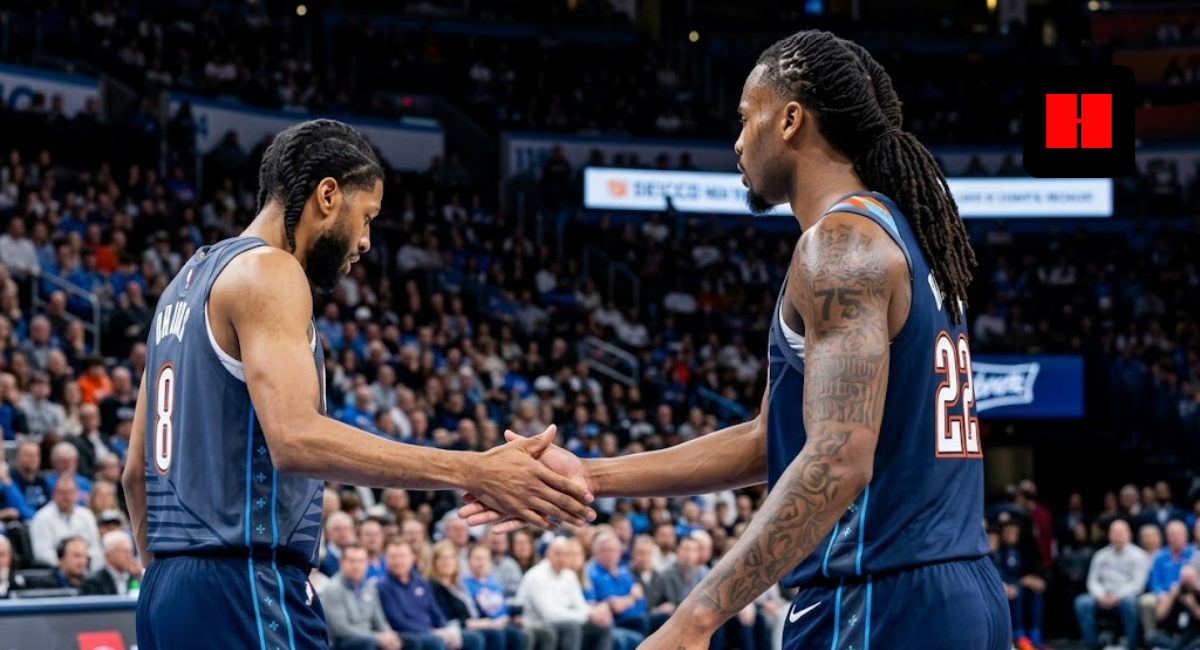 Two OKC Thunder basketball players with braids and tattoos shaking hands during a game from a side profile angle.
