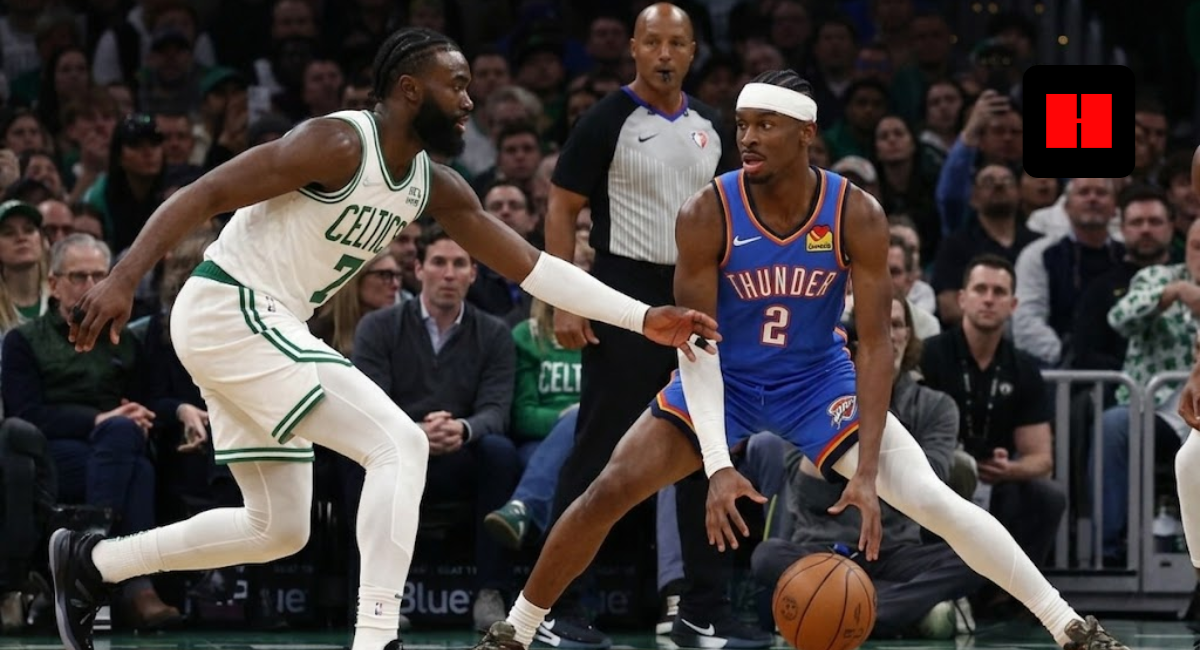 Oklahoma City Thunder’s Shai Gilgeous-Alexander (#2) maintains a low-gravity dribble while being closely guarded by Boston Celtics’ Jaylen Brown during a high-intensity NBA game.