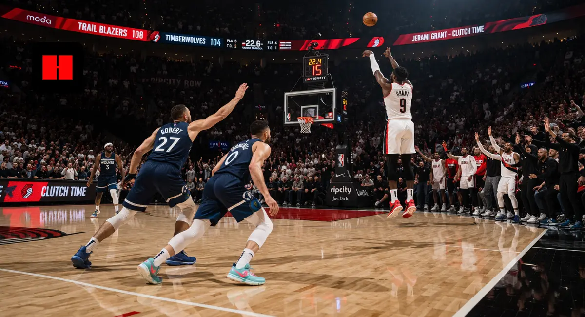 Jerami Grant hits a clutch corner three for the Portland Trail Blazers over Minnesota Timberwolves defenders in the final seconds of a 108–104 NBA game
