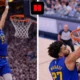 Denver Nuggets player jumping for a layup from an side angle while a defender contests near the rim during an NBA game