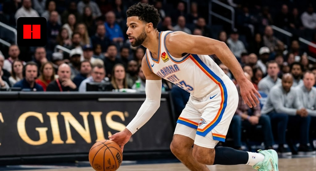 Oklahoma City Thunder guard Aaron Wiggins dribbling a basketball up the court during a game.