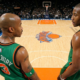 Overhead shot of Stephon Marbury (#3) and Amar'e Stoudemire (#1) facing each other in the rare New York Knicks green St. Patrick's Day uniforms at Madison Square Garden.