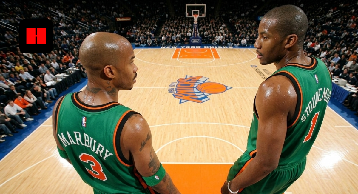 Overhead shot of Stephon Marbury (#3) and Amar'e Stoudemire (#1) facing each other in the rare New York Knicks green St. Patrick's Day uniforms at Madison Square Garden.