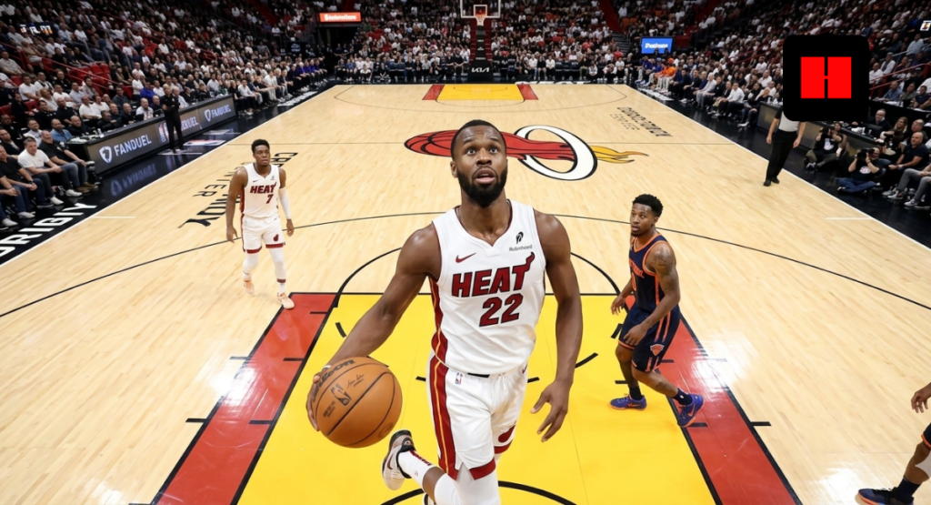 Andrew Wiggins drives for a fast-break layup in a Miami Heat uniform as defenders trail during an NBA game at Kaseya Center