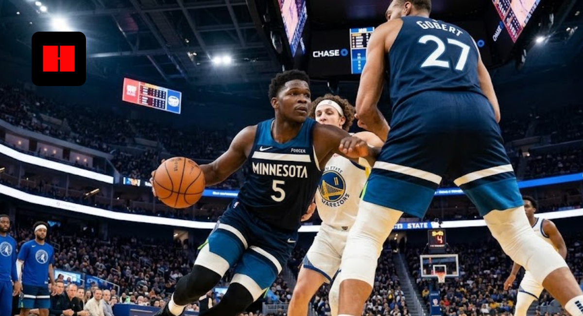 Minnesota Timberwolves guard Anthony Edwards dribbles past a defender during an NBA game against the Golden State Warriors, with Rudy Gobert setting a screen.