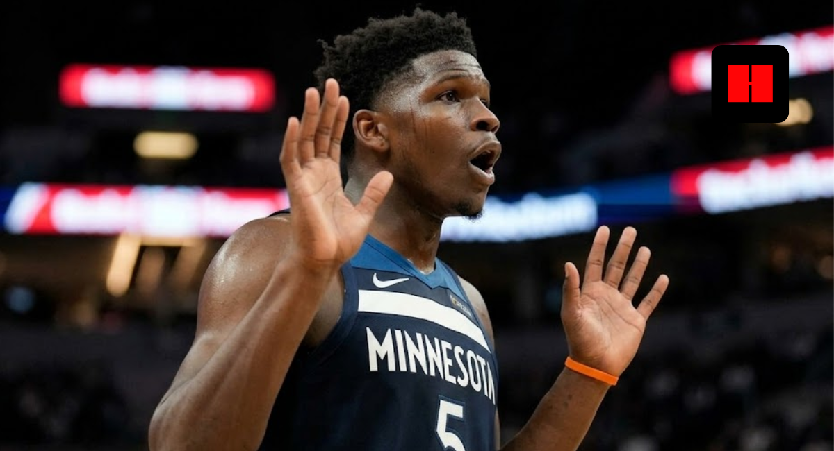 Anthony Edwards of the Minnesota Timberwolves reacting with hands up during a basketball game.