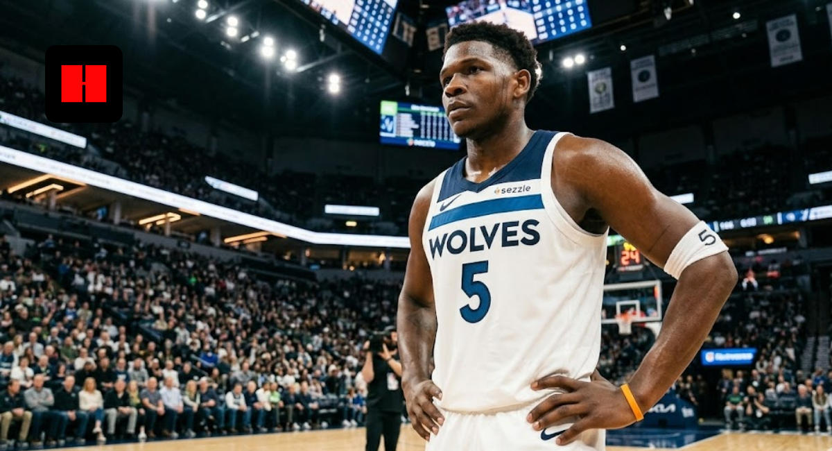 Anthony Edwards of the Minnesota Timberwolves standing on the court in a white Association Edition jersey, looking focused during a game.