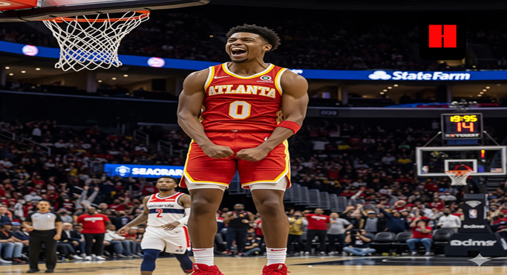 Atlanta Hawks player in red jersey celebrating after a powerful dunk during an NBA game, with the crowd cheering in the background.