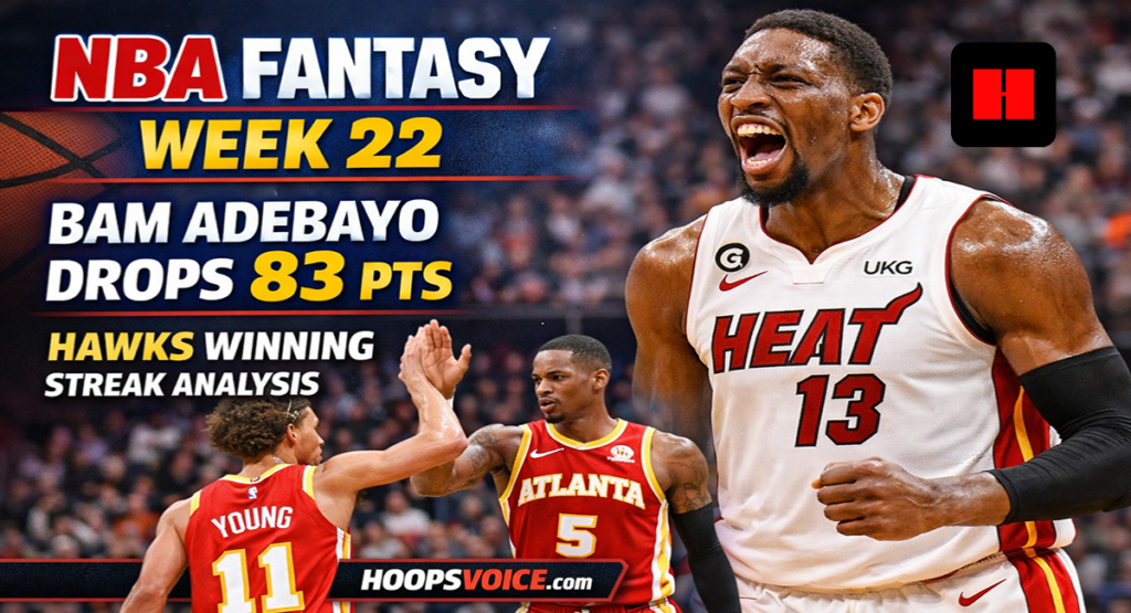 Bam Adebayo celebrating after scoring 83 points with Trae Young and Dejounte Murray high-fiving during Hawks winning streak graphic for NBA Fantasy Week 22
