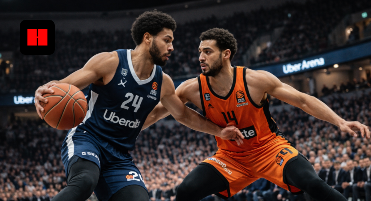 Professional basketball players in intense one-on-one dribble and defense matchup inside a packed arena with crowd and bright lights in UHD quality