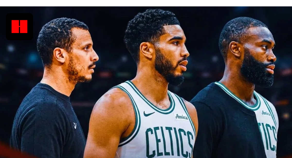 Side profile view of Boston Celtics head coach Joe Mazzulla with star players Jayson Tatum and Jaylen Brown in home jerseys.