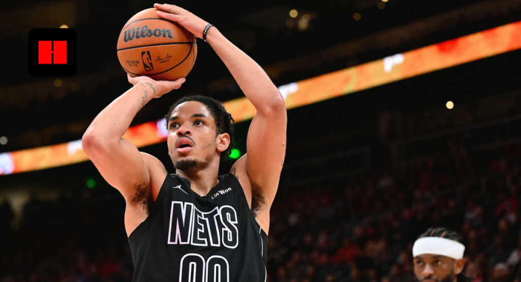 Brooklyn Nets player shooting basketball during NBA game action in UHD quality