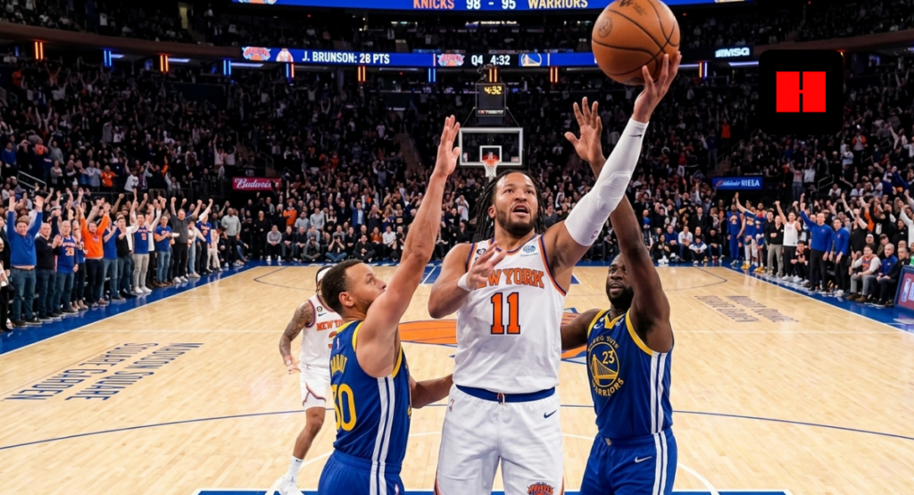 Jalen Brunson shooting a layup over Stephen Curry and Draymond Green at Madison Square Garden.