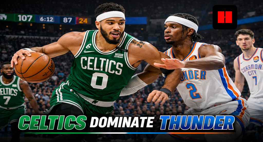 Jayson Tatum drives to the basket against Shai Gilgeous-Alexander during Celtics vs Thunder 2026 game as Boston pulls away in dominant win