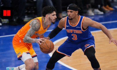 Charlotte Hornets player dribbling against New York Knicks defender during an NBA basketball game