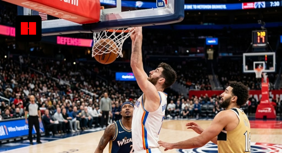 Chet Holmgren of the Oklahoma City Thunder performs a powerful one-handed dunk over Anthony Gill of the Washington Wizards during an NBA game.