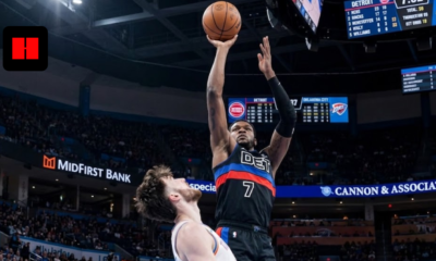 Detroit Pistons player number 7 performing a high-release jump shot over an Oklahoma City Thunder defender during an NBA game.