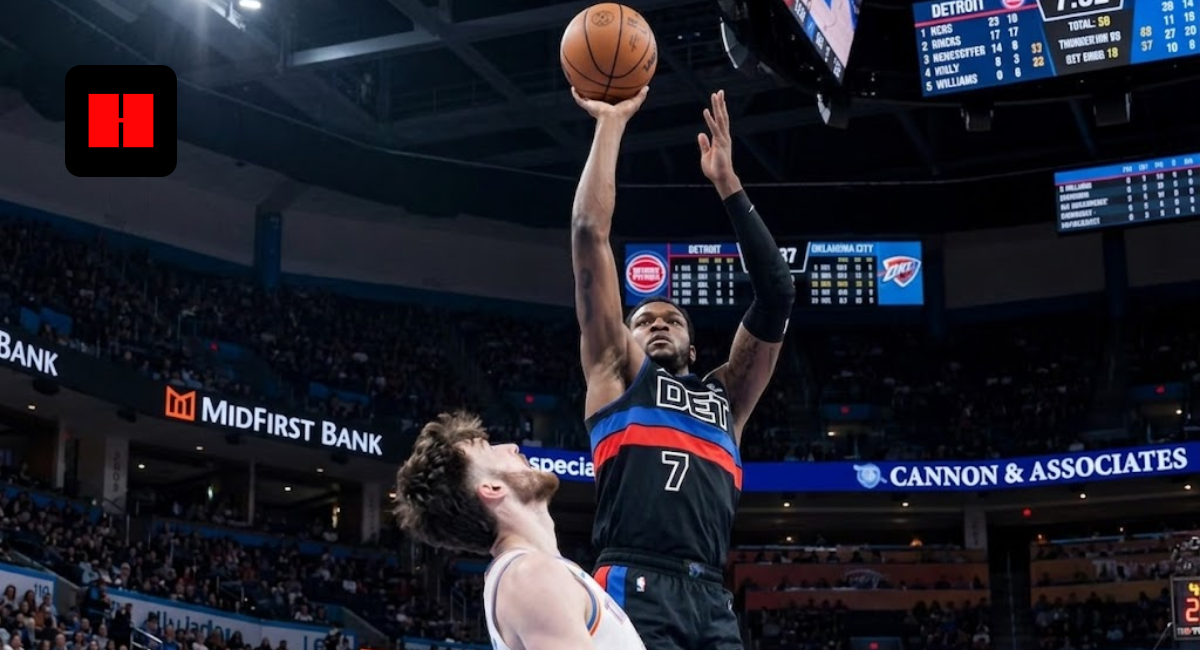 Detroit Pistons player number 7 performing a high-release jump shot over an Oklahoma City Thunder defender during an NBA game.