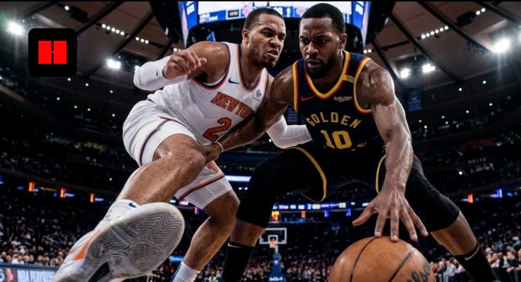 Low angle action shot of Donte DiVincenzo defending Ty Jerome during a New York Knicks vs Golden State Warriors game at Madison Square Garden.