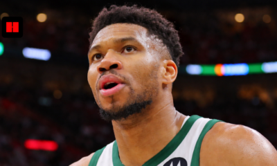 Giannis Antetokounmpo close-up during Milwaukee Bucks game showing intense focus on court