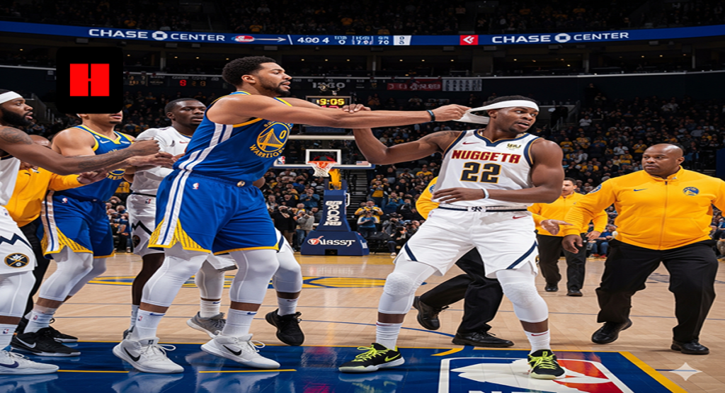 Gary Payton II yanked Zeke Nnaji's headband, initiating a physical scuffle between Warriors and Nuggets players at Chase Center.
