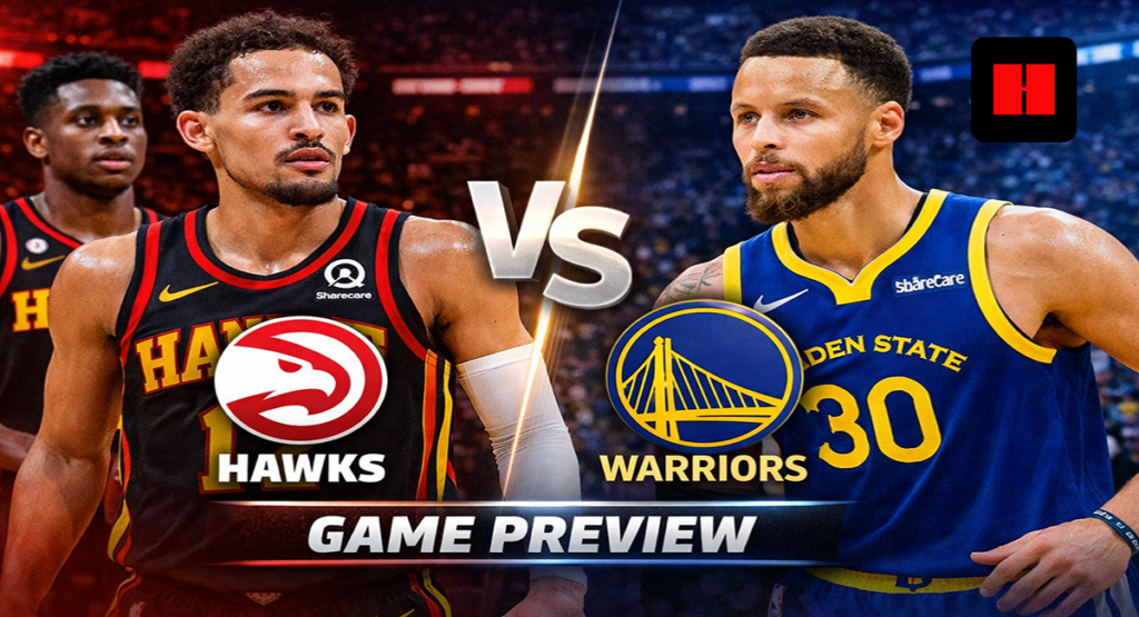 Atlanta Hawks vs Golden State Warriors game preview graphic featuring Trae Young and Stephen Curry facing off with team logos and bold “Game Preview” text.