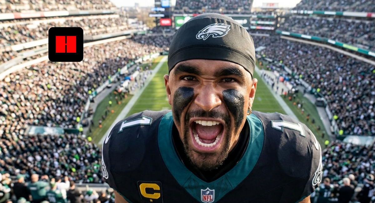 High-angle shot of Jalen Hurts yelling intensely at the camera in a crowded Eagles stadium.