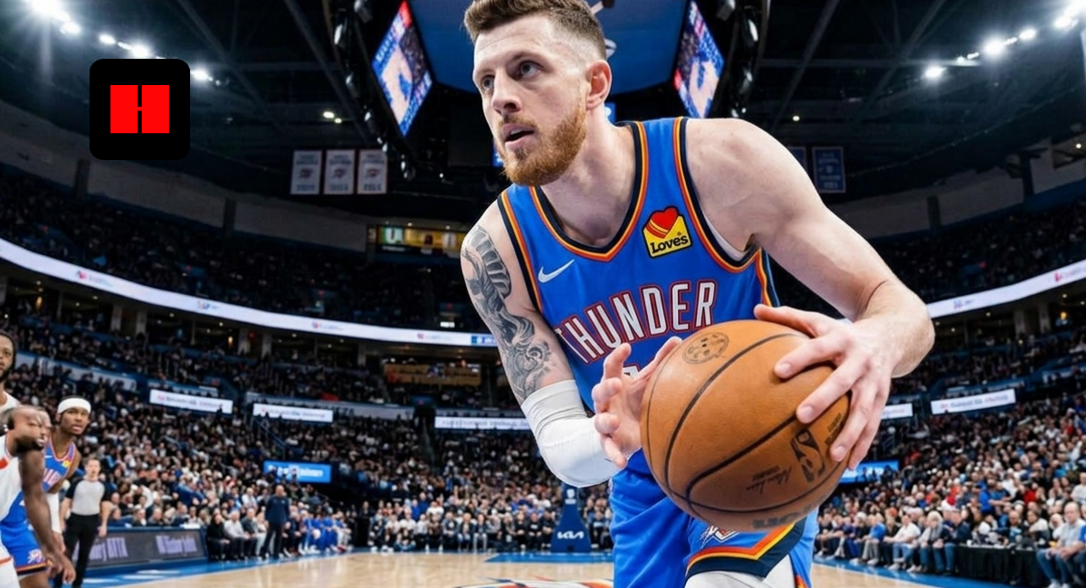 Isaiah Hartenstein of the Oklahoma City Thunder handles the ball during a live game, focused in the half-court offense with defenders closing in and crowd in the background