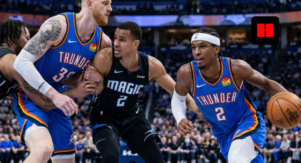Isaiah Hartenstein sets a physical screen as Shai Gilgeous-Alexander drives past Orlando Magic defender during Oklahoma City Thunder half-court action