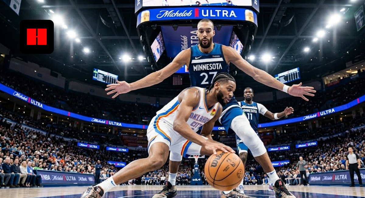 OKC Thunder guard Isaiah Joe driving to the basket against Minnesota Timberwolves center Rudy Gobert.