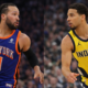 Jalen Brunson of the New York Knicks dribbles while facing Jarace Walker of the Indiana Pacers during an NBA matchup.