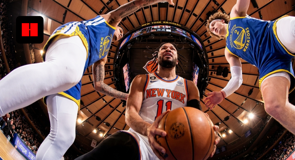 A dramatic low-angle fisheye view of Jalen Brunson in a New York Knicks jersey holding a basketball while being defended by Golden State Warriors players under the arena lights.