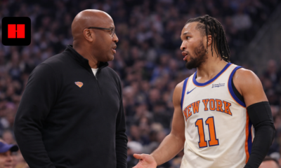Jalen Brunson talking with coach courtside during New York Knicks NBA game in UHD quality