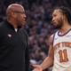 Jalen Brunson talking with coach courtside during New York Knicks NBA game in UHD quality