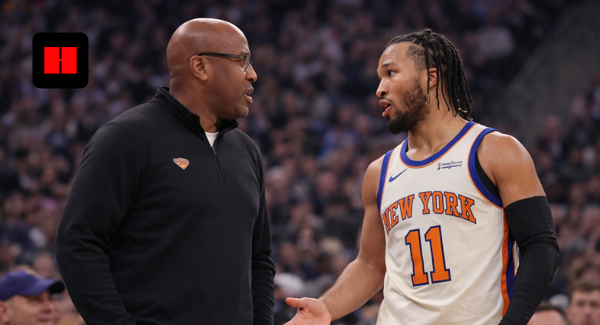Jalen Brunson talking with coach courtside during New York Knicks NBA game in UHD quality