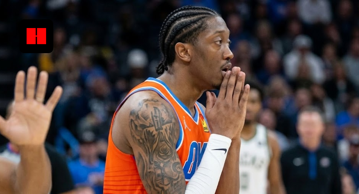 Jalen Williams of the Oklahoma City Thunder on the basketball court, viewed from a side profile with hands held to his face in an intense, prayer-like pose during a game.