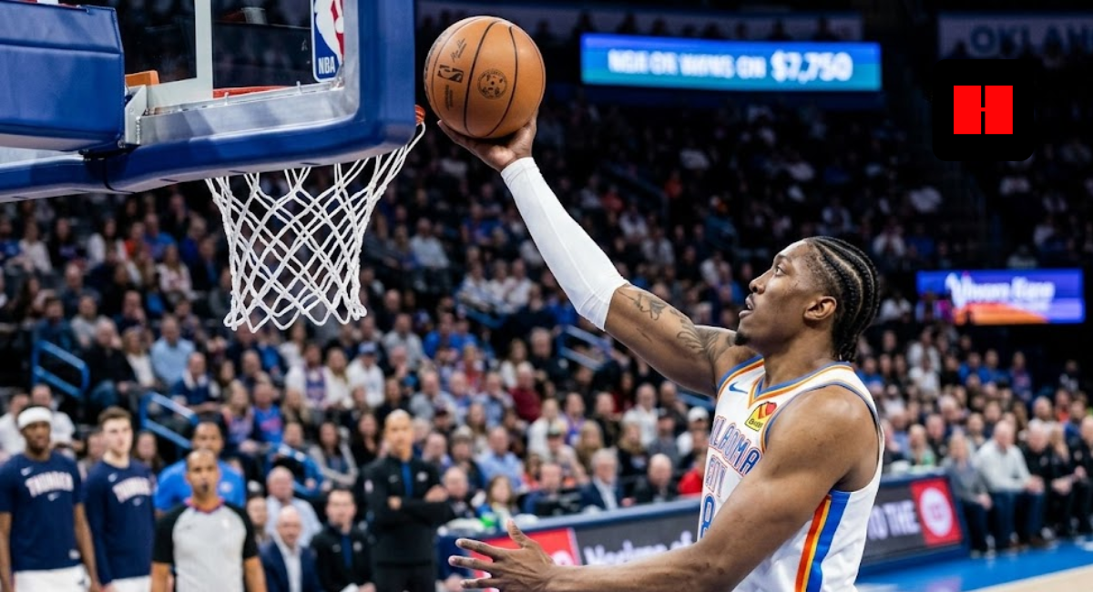 Oklahoma City Thunder forward Jalen Williams performing a finger-roll layup during an NBA game, side profile view.