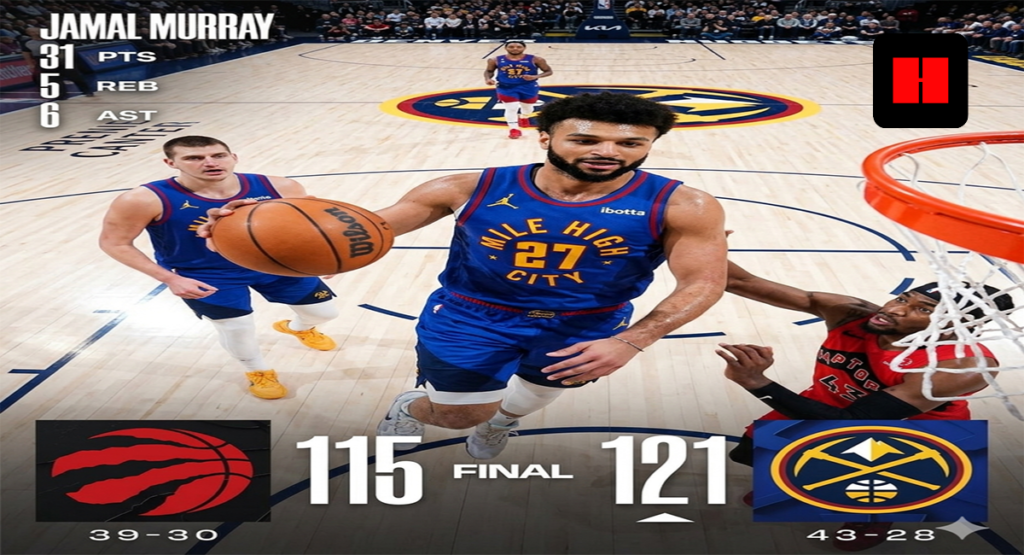 Jamal Murray drives to the basket during a Denver Nuggets win over the Toronto Raptors, finishing with 31 points, 5 rebounds, and 6 assists as the Nuggets win 121-115.