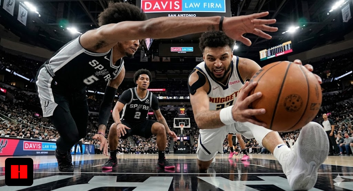 Ultra-low floor-cam perspective looking up at Jamal Murray of the Denver Nuggets as he dribbles a basketball with intense concentration, showing his face and the 'Davis Law Firm' sign high above in the AT&T Center.
