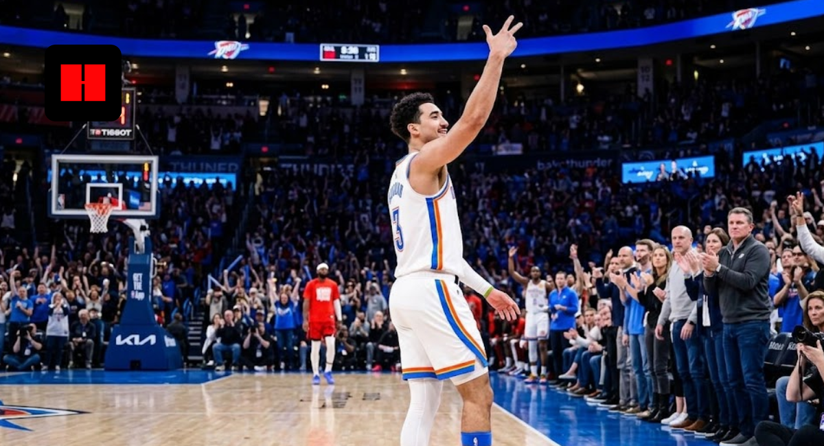 Oklahoma City Thunder guard Jared McCain celebrates a three-pointer in front of a cheering home crowd during a 2026 NBA game following his trade from the Philadelphia 76ers.