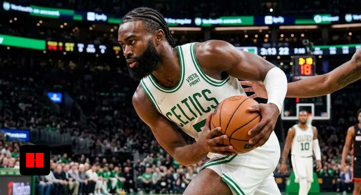Jaylen Brown of the Boston Celtics driving to the basket during a game at TD Garden.