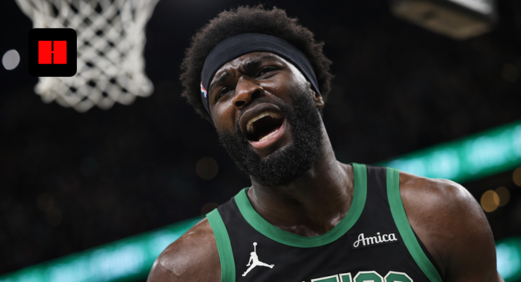 Boston Celtics star Jaylen Brown showing intense emotion during an NBA basketball game.