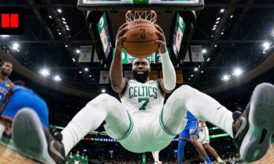 Jaylen Brown shooting a mid-range jumper over Cason Wallace during the Celtics vs. Thunder game at Paycom Center