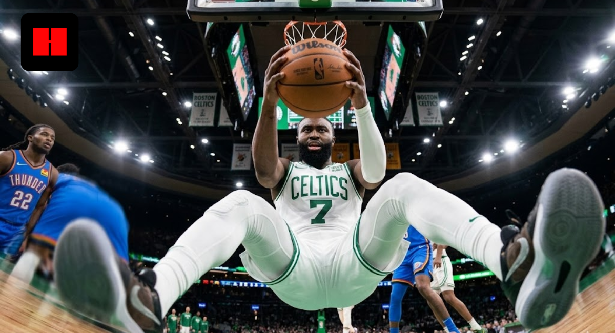 Jaylen Brown shooting a mid-range jumper over Cason Wallace during the Celtics vs. Thunder game at Paycom Center