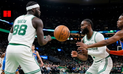 Jaylen Brown and Neemias Queta of the Boston Celtics in a fast-paced game against the Oklahoma City Thunder.