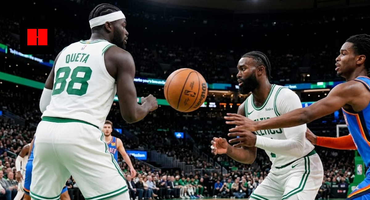 Jaylen Brown and Neemias Queta of the Boston Celtics in a fast-paced game against the Oklahoma City Thunder.