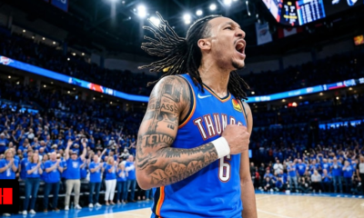 Oklahoma City Thunder forward Jaylin Williams shouting in celebration during a home game at Paycom Center.